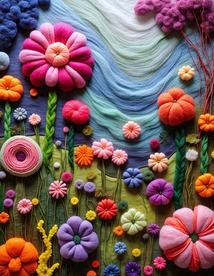 The primary subject of the image is a colorful display of flowers, with a variety of different types and colors. The flowers are arranged in a visually appealing manner, creating a vibrant and lively scene. The setting is a field, which serves as the backdrop for the flowers. The visual style of the image is a combination of photo and digital art, as it features a close-up view of the flowers, with a blend of realistic and artistic elements. The colors and mood of the image are pre